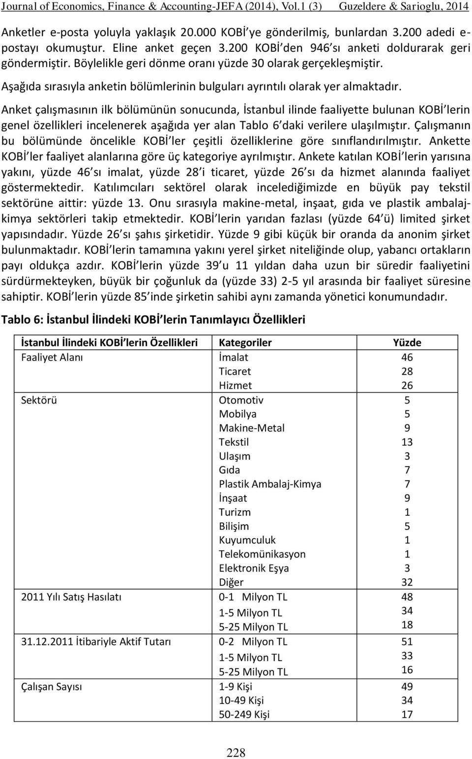 Anket çalışmasının ilk bölümünün sonucunda, İstanbul ilinde faaliyette bulunan KOBİ lerin genel özellikleri incelenerek aşağıda yer alan Tablo 6 daki verilere ulaşılmıştır.