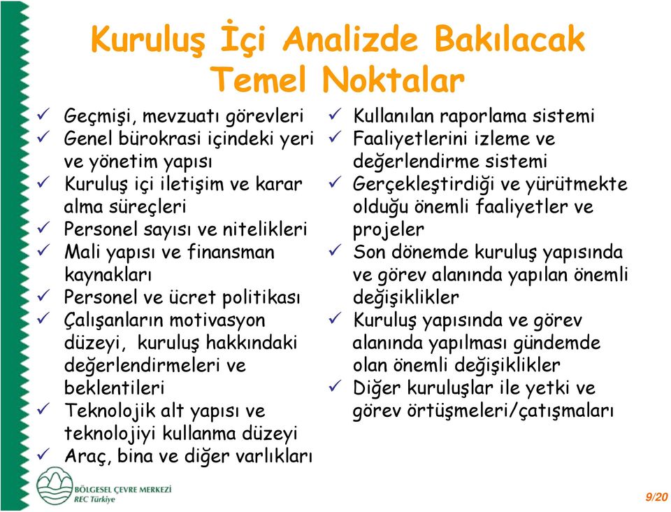 ve diğer varlıkları Temel Noktalar Kullanılan raporlama sistemi Faaliyetlerini izleme ve değerlendirme sistemi Gerçekleştirdiği ve yürütmekte olduğu önemli faaliyetler ve projeler Son dönemde kuruluş