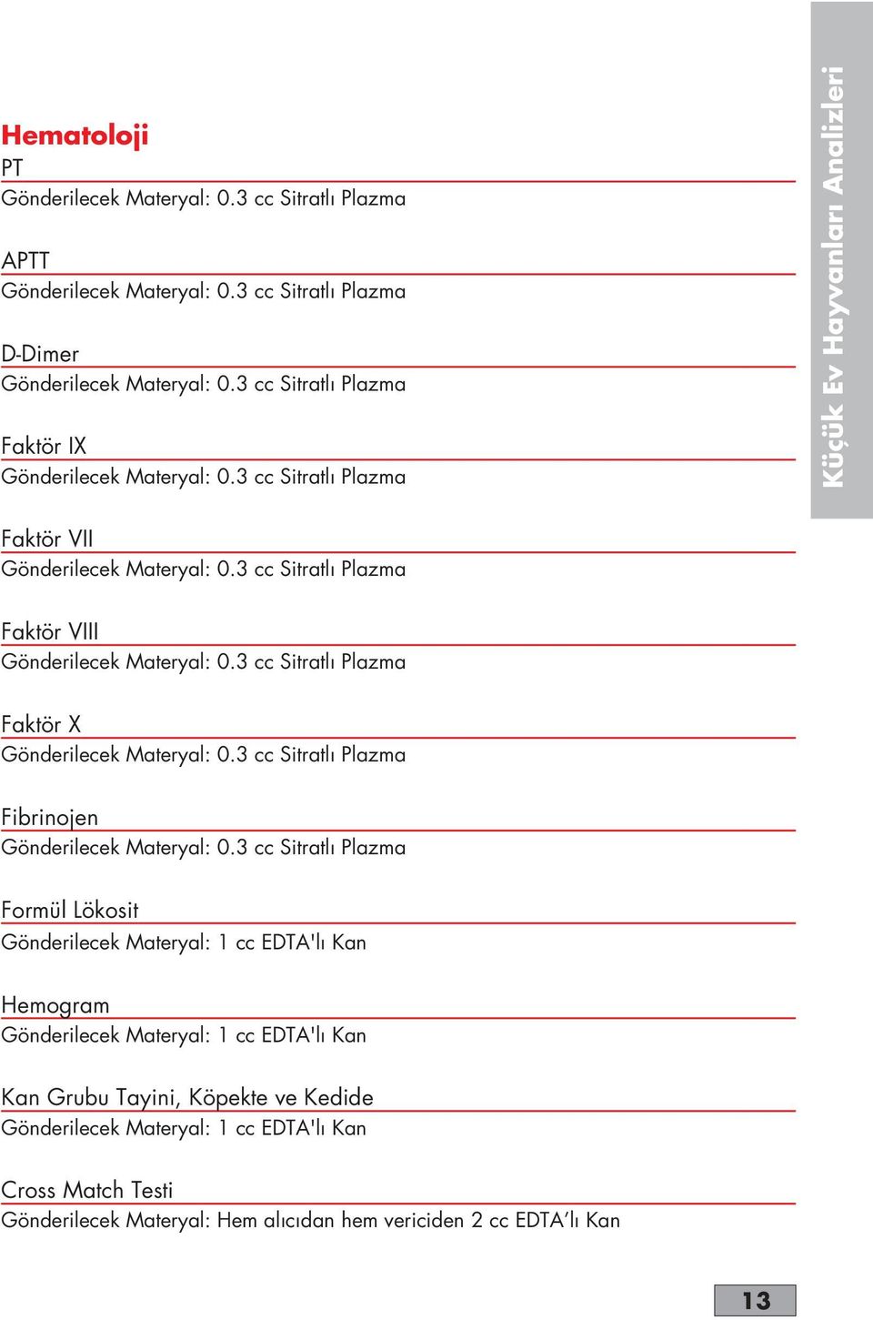 3 cc Sitratl Plazma Faktör X Gönderilecek Materyal: 0.3 cc Sitratl Plazma 75.00 TL. Fibrinojen Gönderilecek Materyal: 0.3 cc Sitratl Plazma 20.00 TL. Formül Lökosit Gönderilecek Materyal: 1 cc EDTA'l Kan 15.