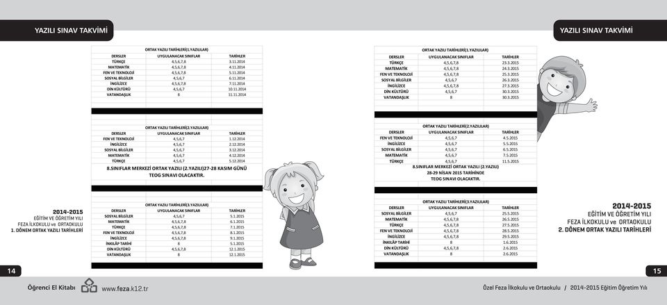 3.2015 SOSYAL BİLGİLER 4,5,6,7 26.3.2015 İNGİLİZCE 4,5,6,7,8 27.3.2015 DİN KÜLTÜRÜ 4,5,6,7 30.3.2015 VATANDAŞLIK 8 30.3.2015 ORTAK YAZILI TARİHLERİ(2.