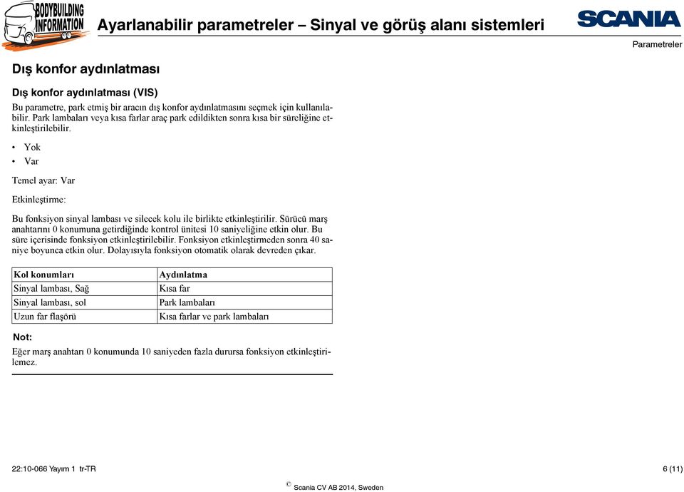 Yok Var Temel ayar: Var Etkinleştirme: Bu fonksiyon sinyal lambası ve silecek kolu ile birlikte etkinleştirilir.