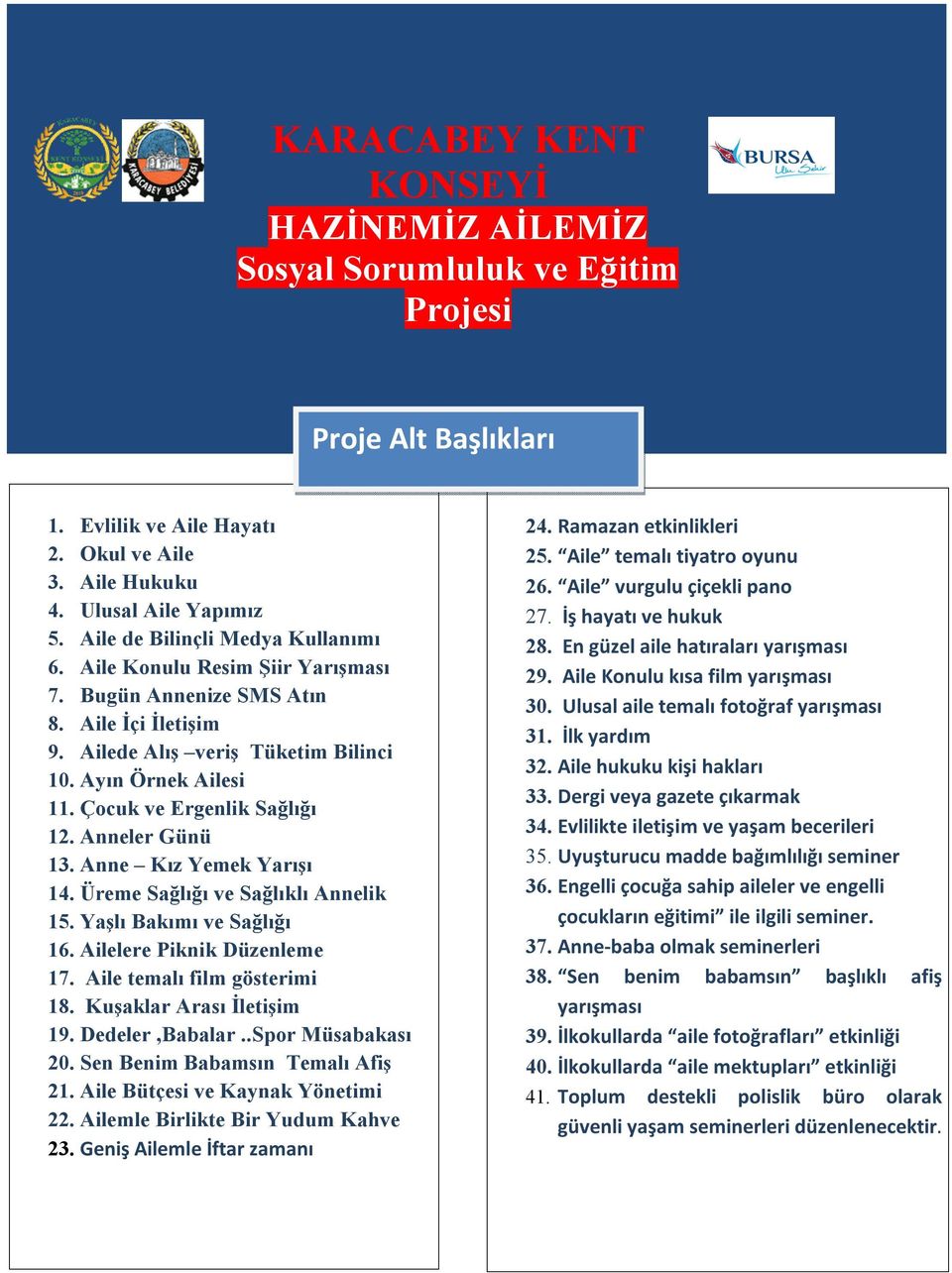 Çocuk ve Ergenlik Sağlığı 12. Anneler Günü 13. Anne Kız Yemek Yarışı 14. Üreme Sağlığı ve Sağlıklı Annelik 15. Yaşlı Bakımı ve Sağlığı 16. Ailelere Piknik Düzenleme 17. Aile temalı film gösterimi 18.