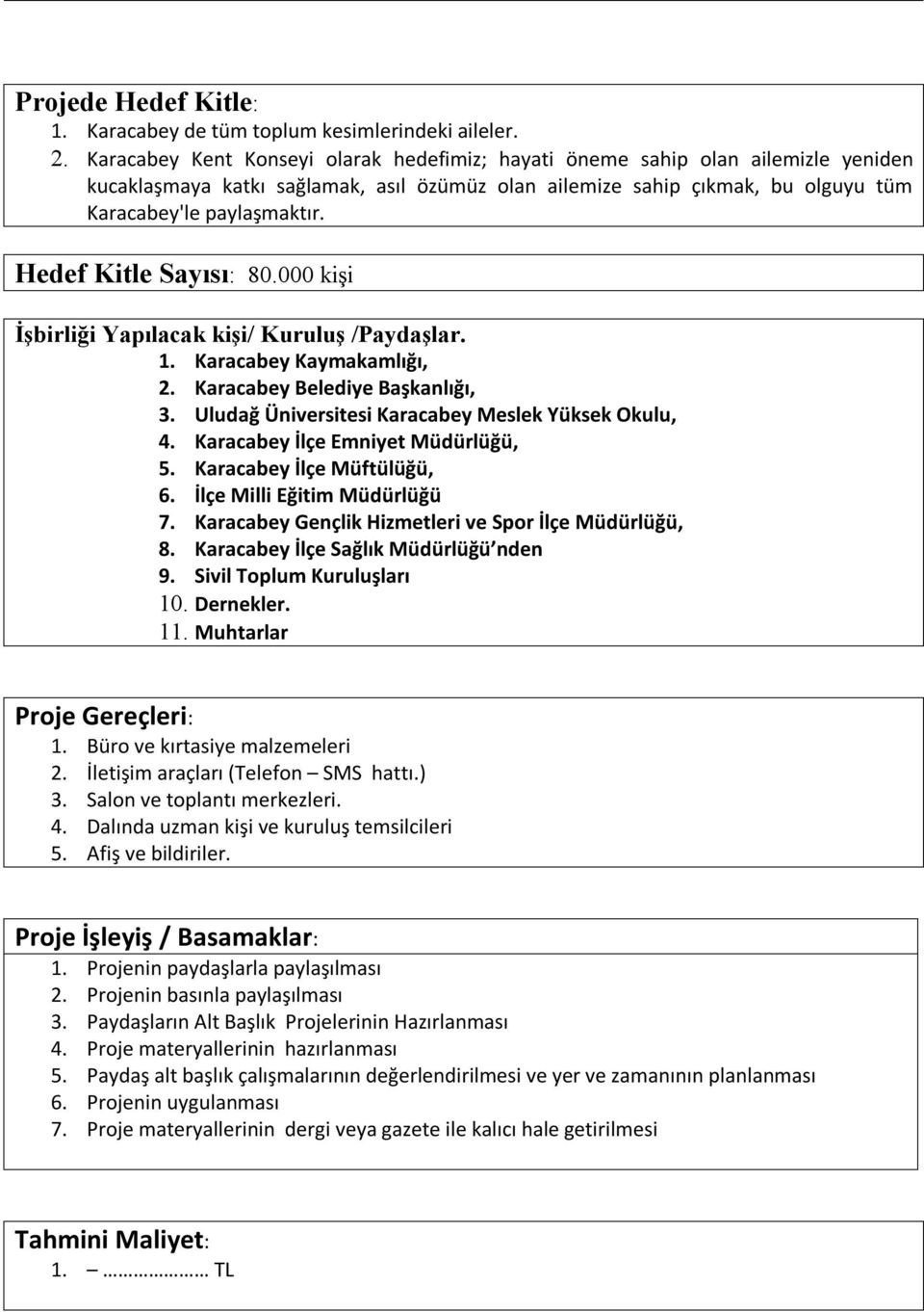 Hedef Kitle Sayısı: 80.000 kişi İşbirliği Yapılacak kişi/ Kuruluş /Paydaşlar. 1. Karacabey Kaymakamlığı, 2. Karacabey Belediye Başkanlığı, 3. Uludağ Üniversitesi Karacabey Meslek Yüksek Okulu, 4.