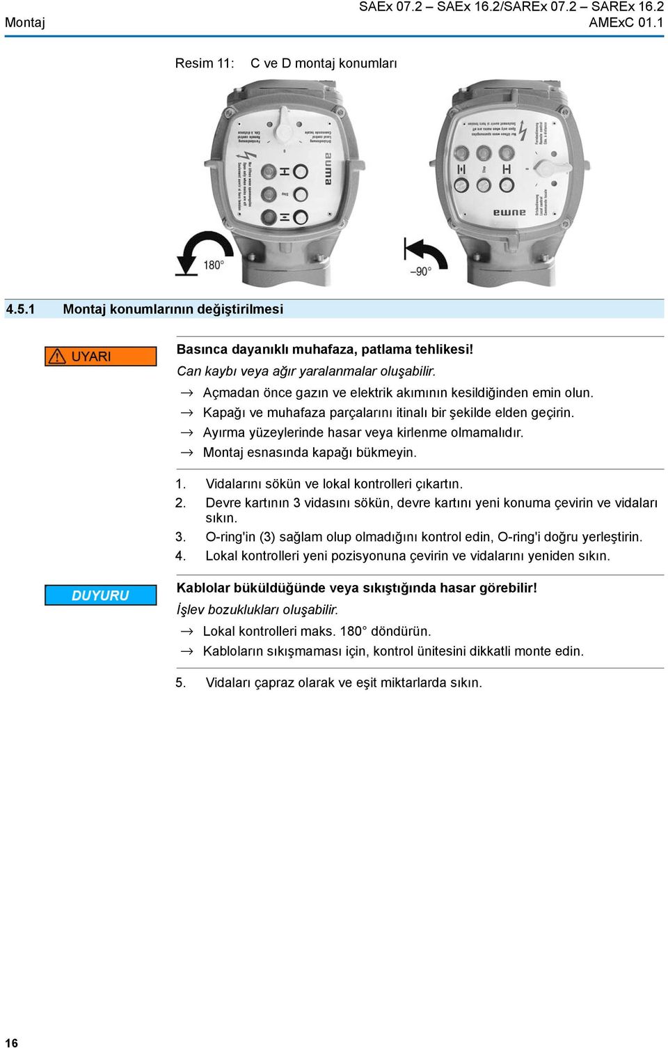 Montaj esnasında kapağı bükmeyin. 1. Vidalarını sökün ve lokal kontrolleri çıkartın. 2. Devre kartının 3 vidasını sökün, devre kartını yeni konuma çevirin ve vidaları sıkın. 3. O-ring'in (3) sağlam olup olmadığını kontrol edin, O-ring'i doğru yerleştirin.