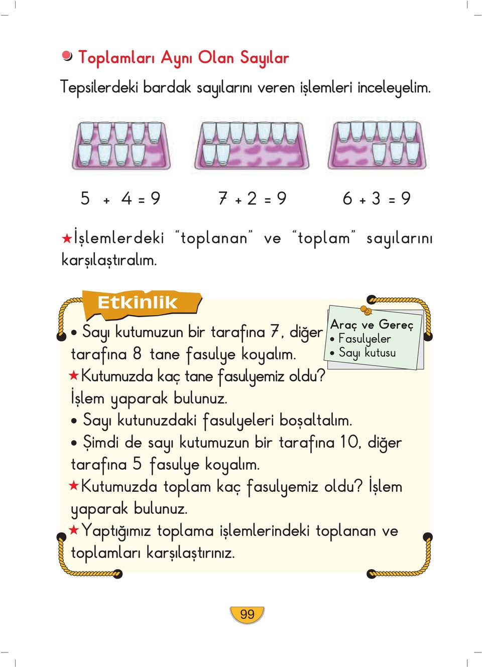 Etkinlik Say kutumuzun bir taraf na 7, di er taraf na 8 tane fasulye koyal m. Kutumuzda kaç tane fasulyemiz oldu? fllem yaparak bulunuz.