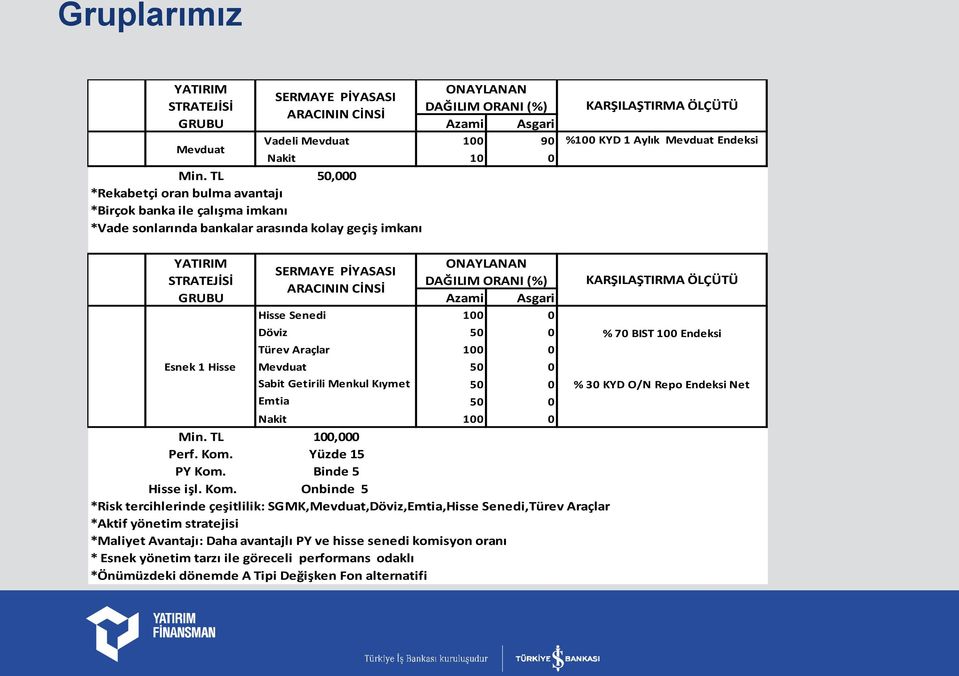 STRATEJİSİ GRUBU Esnek 1 Hisse ONAYLANAN SERMAYE PİYASASI DAĞILIM ORANI (%) ARACININ CİNSİ Azami Asgari Hisse Senedi 100 0 Döviz 50 0 Türev Araçlar 100 0 Mevduat 50 0 Sabit Getirili Menkul Kıymet 50