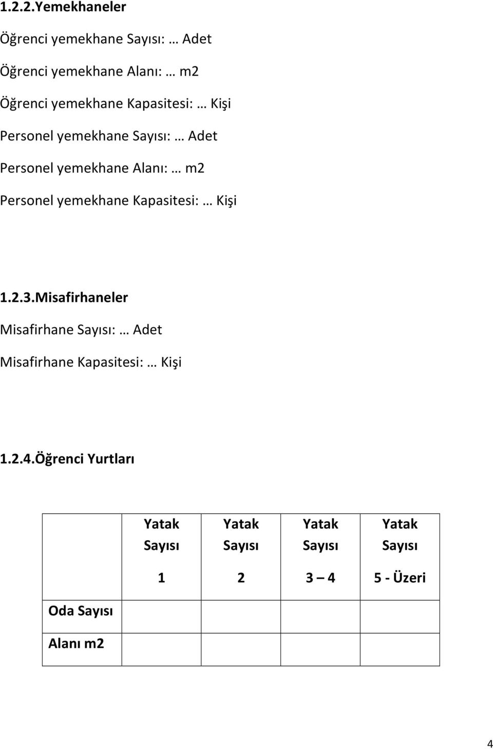 Kapasitesi: Kişi 1.2.3.Misafirhaneler Misafirhane Sayısı: Adet Misafirhane Kapasitesi: Kişi 1.2.4.