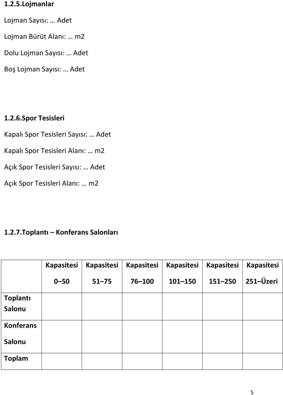 Adet Açık Spor Tesisleri Alanı: m2 1.2.7.
