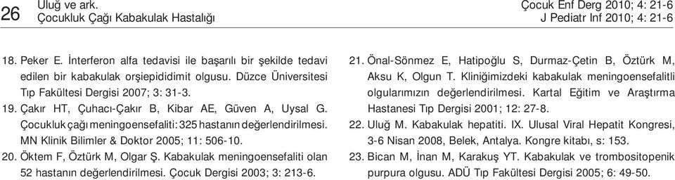 MN Klinik Bilimler & Doktor 2005; 11: 506-10. 20. Öktem F, Öztürk M, Olgar. Kabakulak meningoensefaliti olan 52 hastan n de erlendirilmesi. Çocuk Dergisi 2003; 3: 213