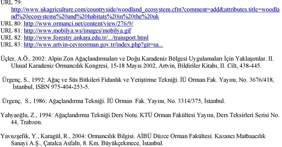 .. Üçler, A.Ö., 2002: Alpin Zon Ağaçlandırmaları ve Doğu Karadeniz Bölgesi Uygulamaları İçin Yaklaşımlar. II. Ulusal Karadeniz Ormancılık Kongresi, 15-18 Mayıs 2002, Artvin, Bildiriler Kitabı, II.