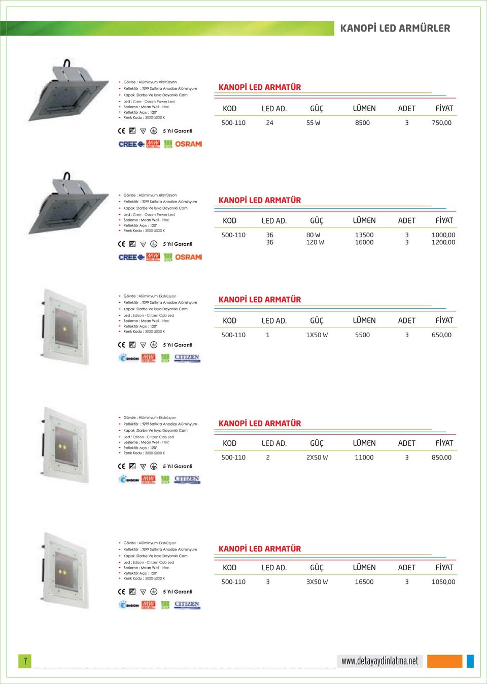 K Yıl Garanti 00-110 1 1X0 W 00 0,00 KANOPİ LED ARMATÜR 000-000 K Yıl Garanti 00-110 2 2X0 W