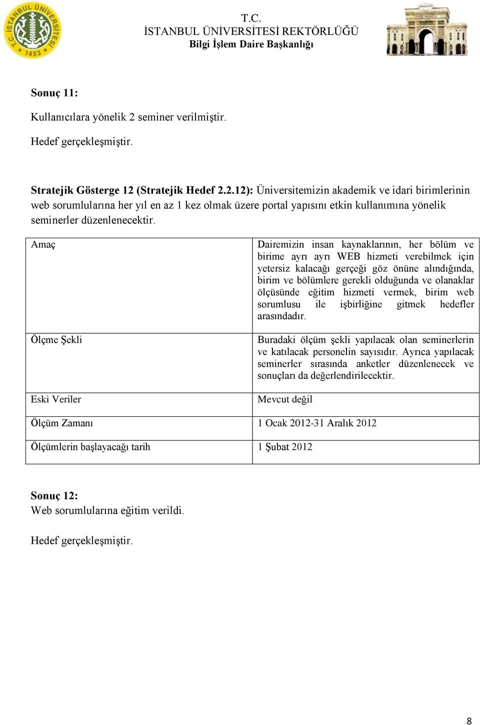 (Stratejik Hedef 2.2.12): Üniversitemizin akademik ve idari birimlerinin web sorumlularına her yıl en az 1 kez olmak üzere portal yapısını etkin kullanımına yönelik seminerler düzenlenecektir.