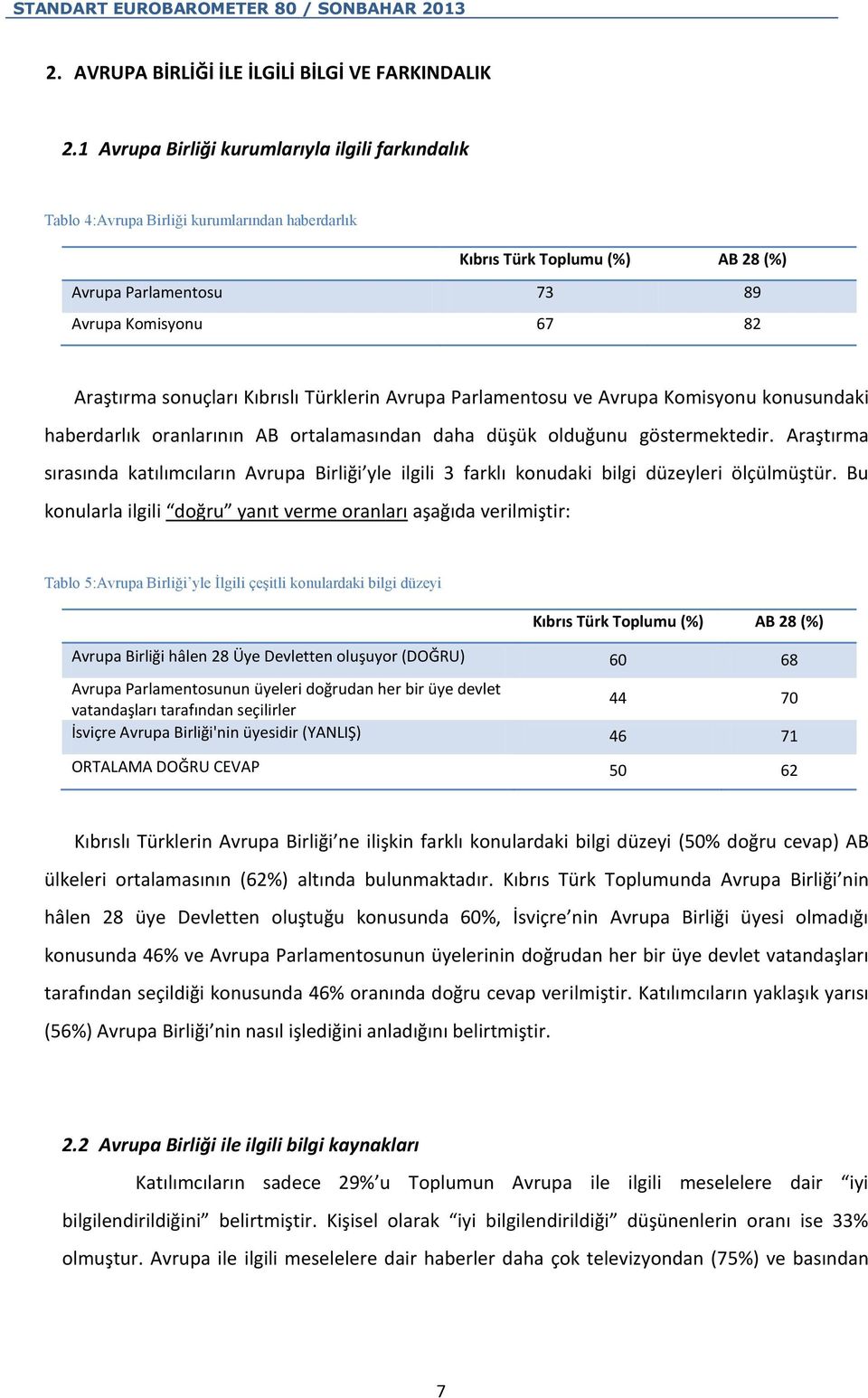 sonuçları Kıbrıslı Türklerin Avrupa Parlamentosu ve Avrupa Komisyonu konusundaki haberdarlık oranlarının AB ortalamasından daha düşük olduğunu göstermektedir.