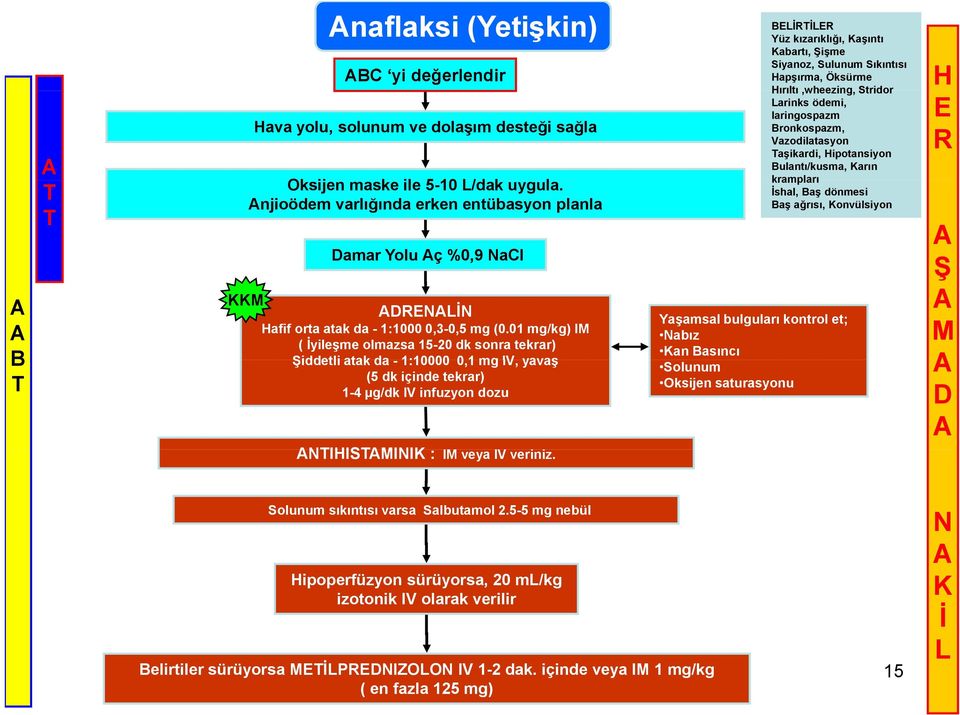 01 mg/kg) I ( yileşme olmazsa 15-20 dk sonra tekrar) iddetli atak da - 1:10000 0,1 mg IV, yavaş (5 dk içinde tekrar) 1-4 µg/dk IV infuzyon dozu IISII : I veya IV veriniz.