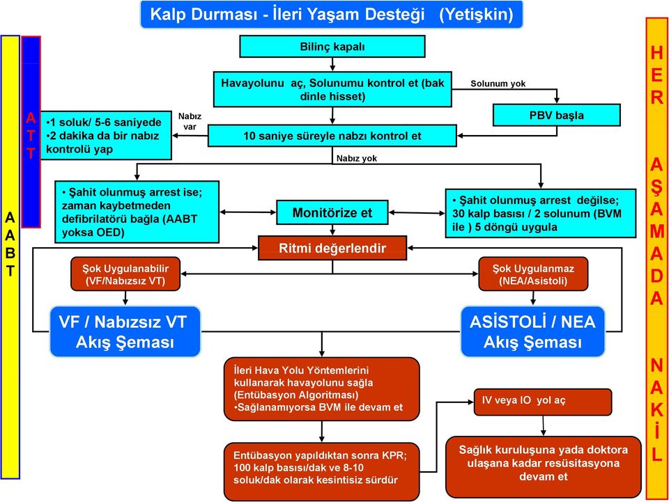 ava Yolu Yöntemlerini kullanarak havayolunu sağla (ntübasyon lgoritması) Sağlanamıyorsa V ile devam et ntübasyon yapıldıktan sonra P; 100 kalp basısı/dak ve 8-10 soluk/dak olarak kesintisiz sürdür