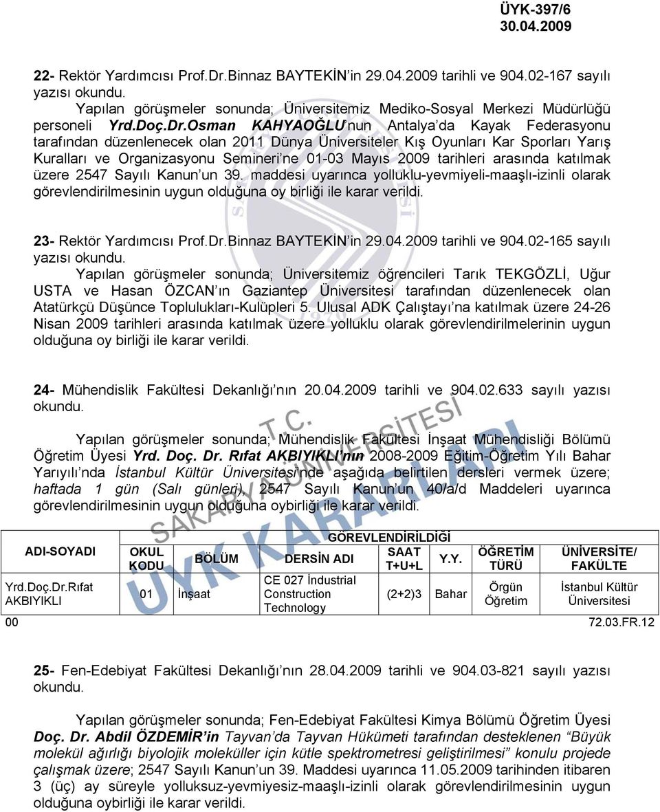 Osman KAHYAOĞLU nun Antalya da Kayak Federasyonu tarafından düzenlenecek olan 2011 Dünya Üniversiteler Kış Oyunları Kar Sporları Yarış Kuralları ve Organizasyonu Semineri ne 01-03 Mayıs 2009