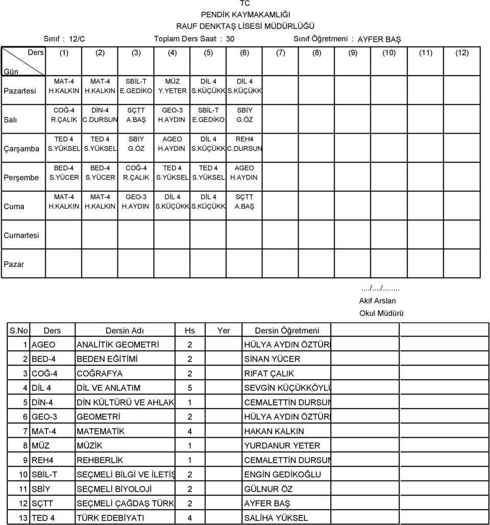 AYDIN MAT-4 MAT-4 GEO-3 DİL 4 DİL 4 SÇTT H.KALKIN H.KALKIN H.AYDIN S.KÜÇÜKK S.KÜÇÜKK A.