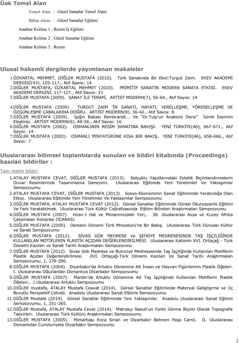 DİĞLER MUSTAFA, ÖZKARTAL MEHMET (2010). PRİMİTİF SANATIN MODERN SANATA ETKİSİ. EKEV AKADEMİ DERGİSİ, 117-127., Atıf Sayısı: 21 3. DİĞLER MUSTAFA (2009). SANAT İLE TERAPİ. ARTİST MODERN(7), 56-64.