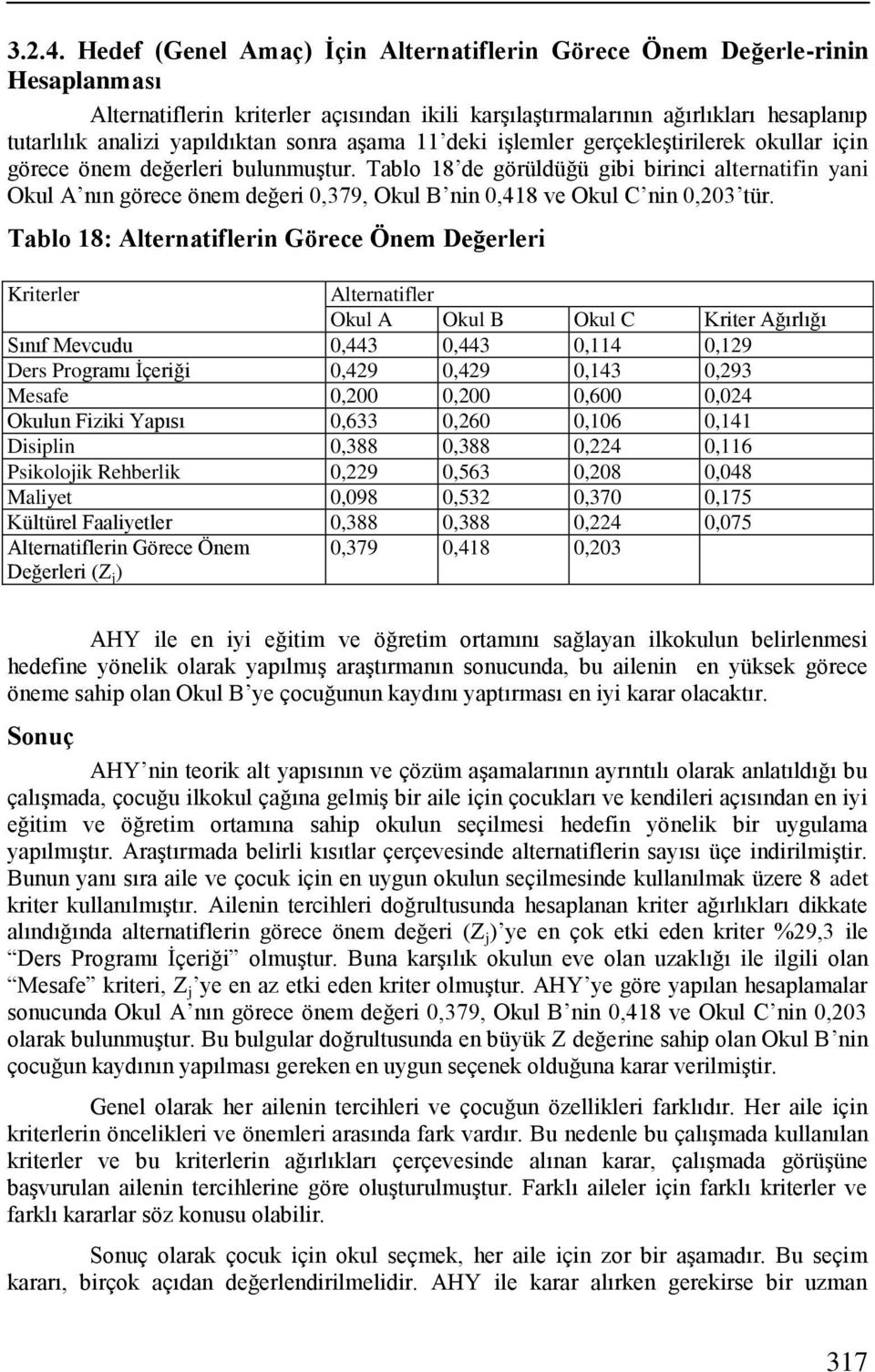 işlemler gerçekleştirilerek okullar içi görece öem değerleri bulumuştur. Tablo 18 de görüldüğü gibi birici alteratifi yai Okul A ı görece öem değeri 0,379, Okul B i 0,418 ve Okul C i 0,203 tür.