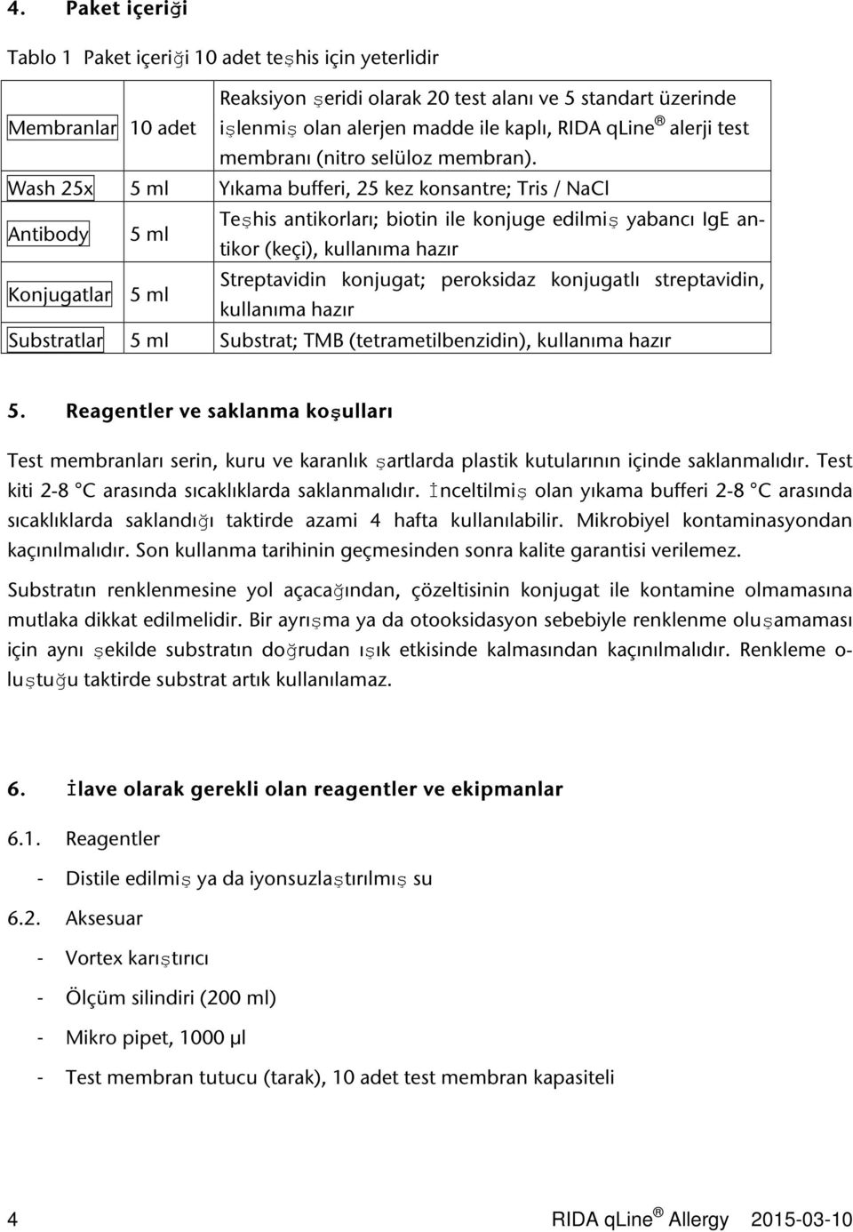 Wash 25x 5 ml Yıkama bufferi, 25 kez konsantre; Tris / NaCl Antibody 5 ml Teşhis antikorları; biotin ile konjuge edilmiş yabancı IgE antikor (keçi), kullanıma hazır Konjugatlar 5 ml Streptavidin