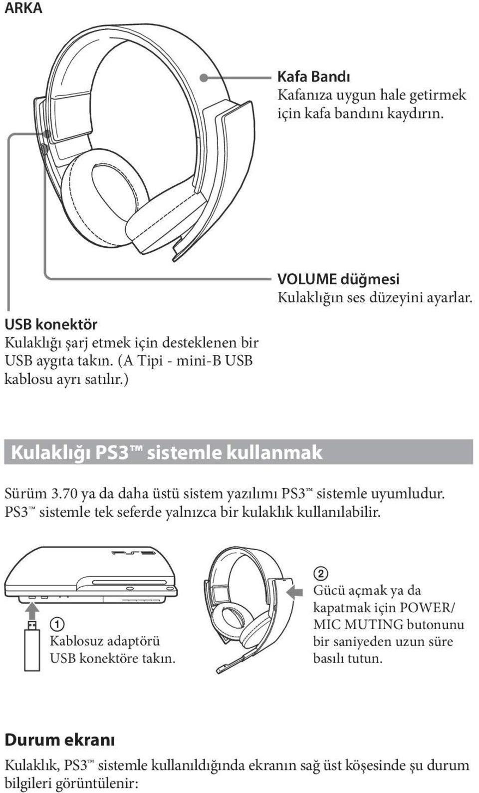 70 ya da daha üstü sistem yazılımı PS3 sistemle uyumludur. PS3 sistemle tek seferde yalnızca bir kulaklık kullanılabilir. Kablosuz adaptörü USB konektöre takın.