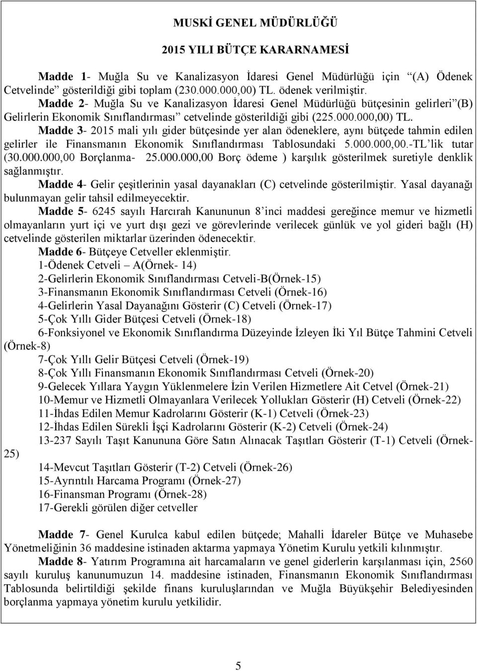 Madde 3-2015 mali yılı gider bütçesinde yer alan ödeneklere, aynı bütçede tahmin edilen gelirler ile Finansmanın Ekonomik Sınıflandırması Tablosundaki 5.000.000,00.- lik tutar (30.000.000,00 Borçlanma- 25.