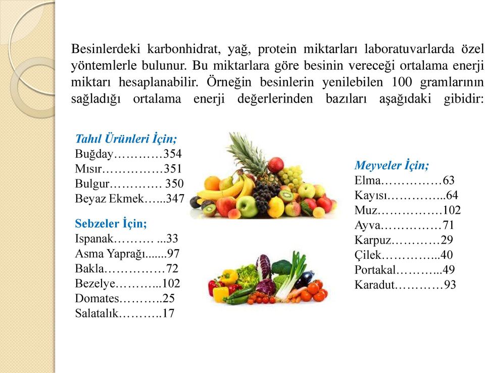 Örneğin besinlerin yenilebilen 100 gramlarının sağladığı ortalama enerji değerlerinden bazıları aşağıdaki gibidir: Tahıl Ürünleri İçin;