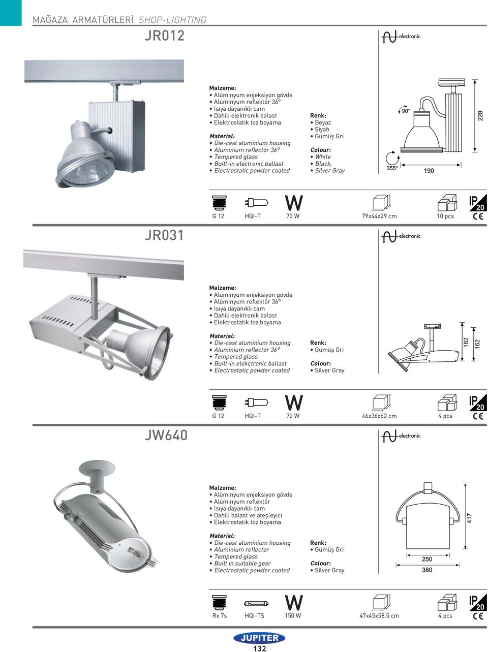 reflector 36 Built-in elekctronic ballast J640 G 12 HQI-T 70 46x36x62 cm 4 pcs Alüminyum reflektör