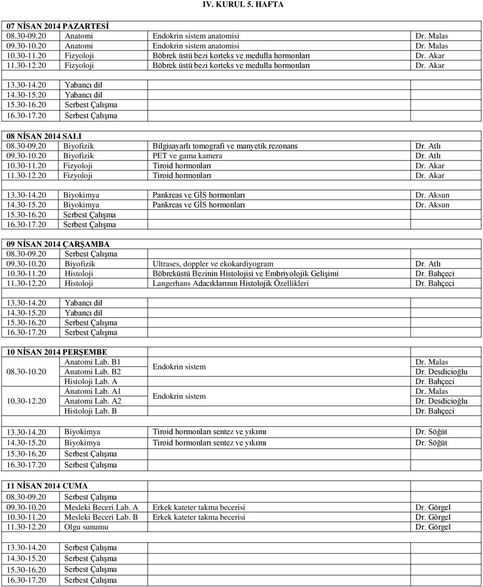 20 Biyofizik Bilgisayarlı tomografi ve manyetik rezonans Dr. Atlı 09.30-10.20 Biyofizik PET ve gama kamera Dr. Atlı 10.30-11.20 Fizyoloji Tiroid hormonları Dr. Akar 11.30-12.