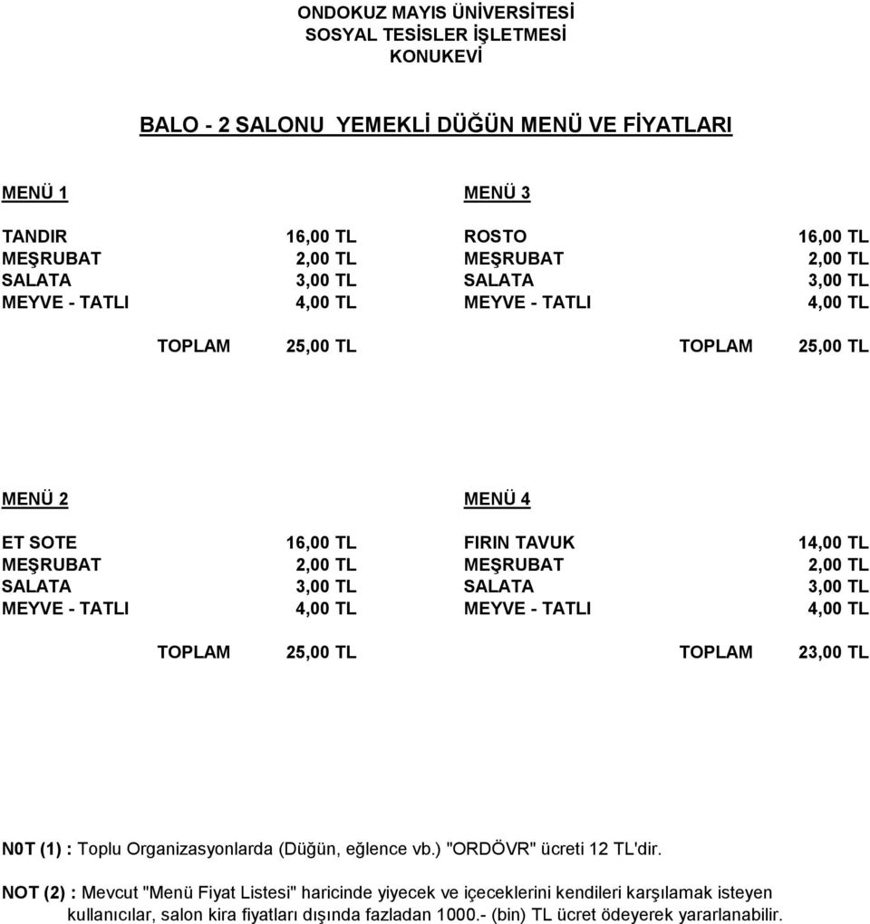 MEYVE - TATLI 4,00 TL MEYVE - TATLI 4,00 TL TOPLAM 25,00 TL TOPLAM 23,00 TL N0T (1) : Toplu Organizasyonlarda (Düğün, eğlence vb.) "ORDÖVR" ücreti 12 TL'dir.