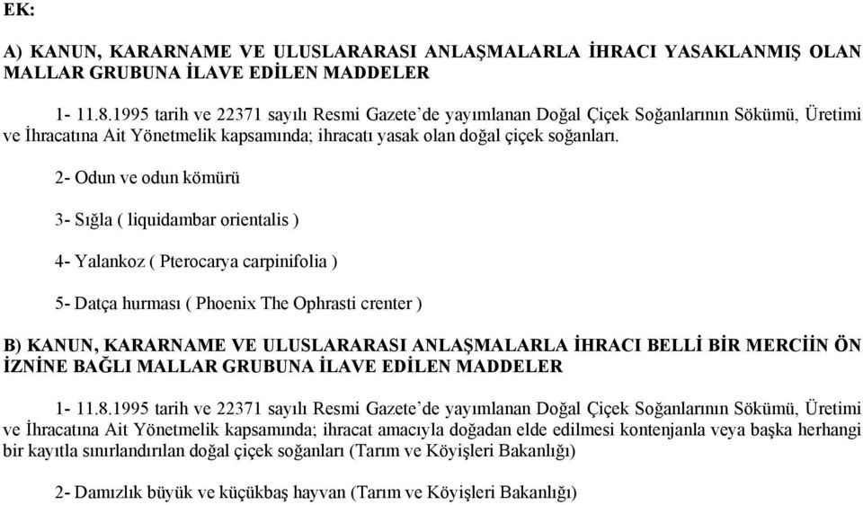 2- Odun ve odun kömürü 3- Sığla ( liquidambar orientalis ) 4- Yalankoz ( Pterocarya carpinifolia ) 5- Datça hurması ( Phoenix The Ophrasti crenter ) B) KANUN, KARARNAME VE ULUSLARARASI ANLAŞMALARLA