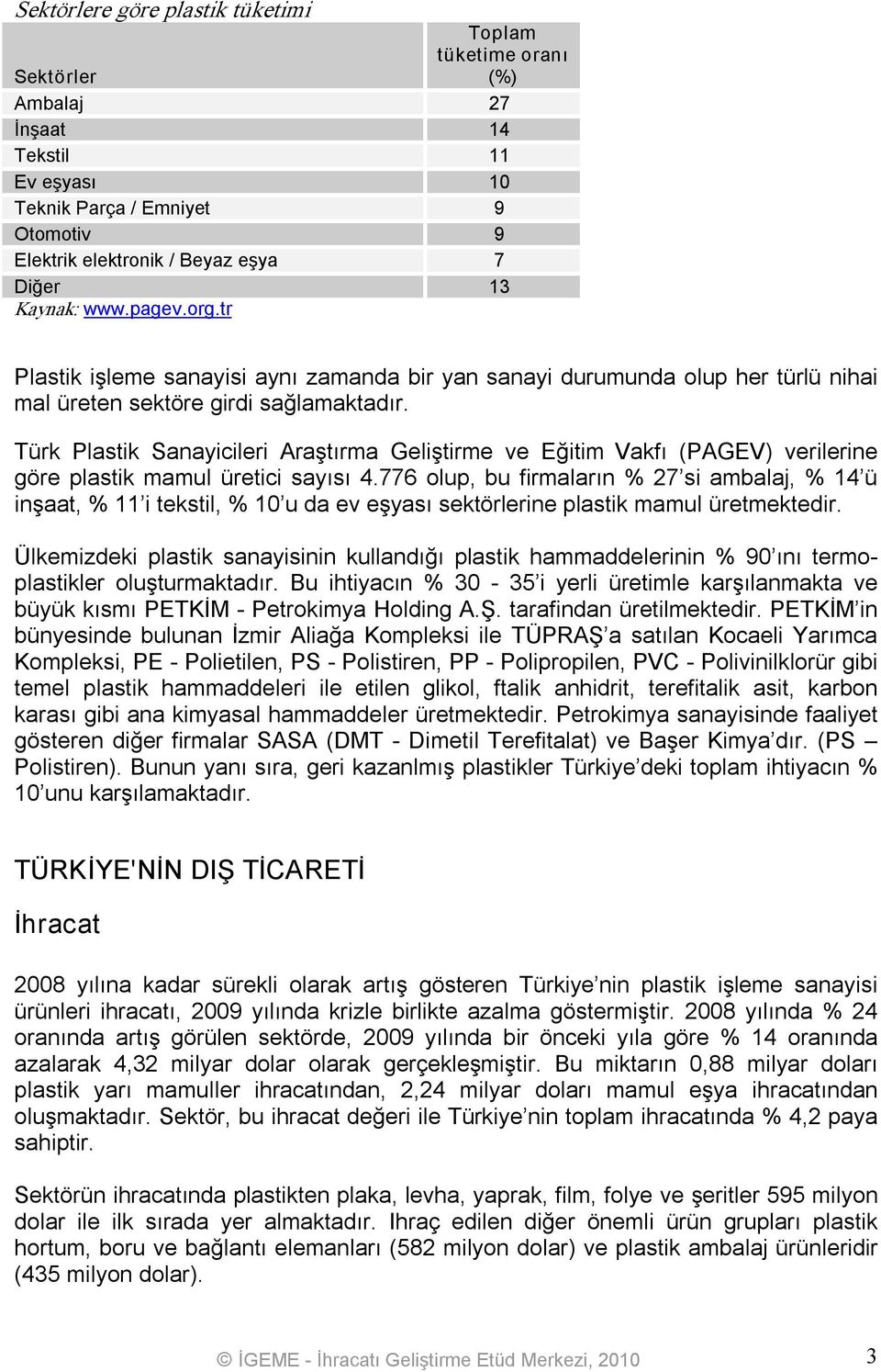 Türk Plastik Sanayicileri Araştırma Geliştirme ve Eğitim Vakfı (PAGEV) verilerine göre plastik mamul üretici sayısı 4.