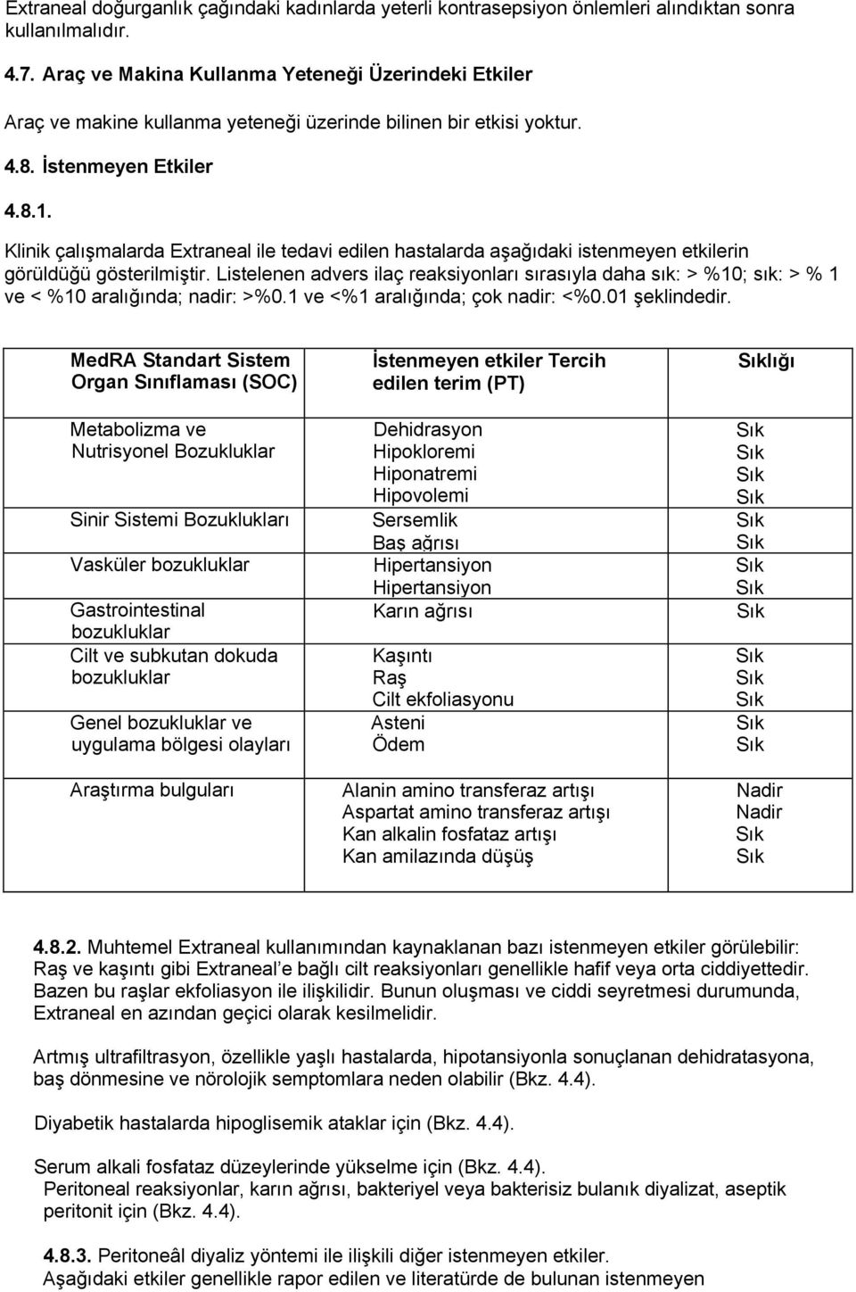 Klinik çalışmalarda Extraneal ile tedavi edilen hastalarda aşağıdaki istenmeyen etkilerin görüldüğü gösterilmiştir.