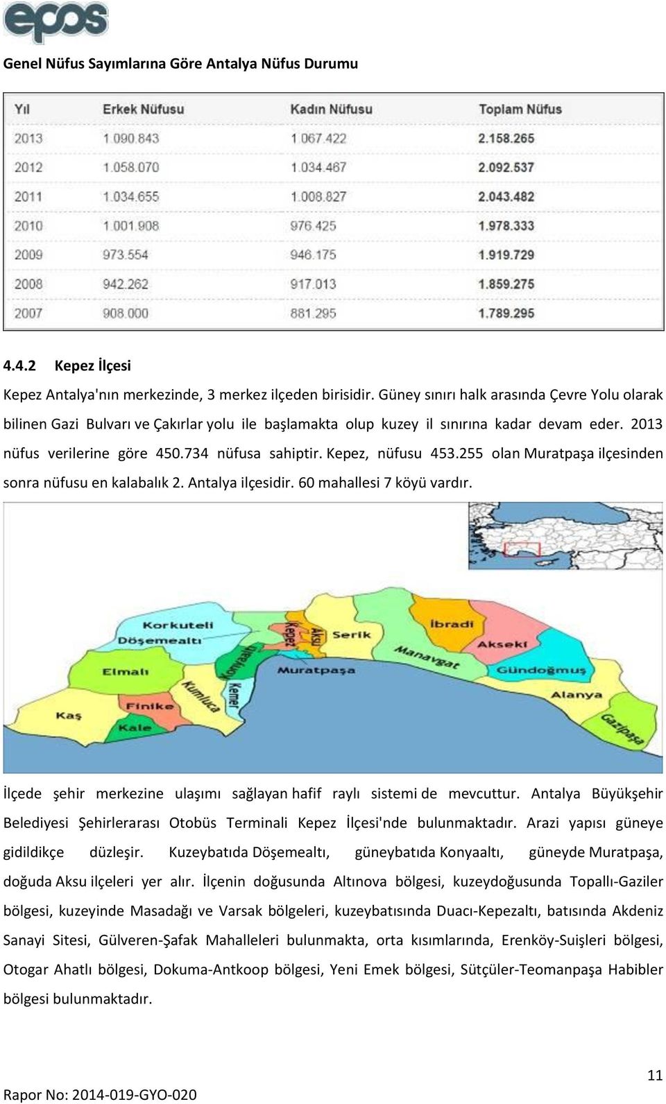 Kepez, nüfusu 453.255 olan Muratpaşa ilçesinden sonra nüfusu en kalabalık 2. Antalya ilçesidir. 60 mahallesi 7 köyü vardır. İlçede şehir merkezine ulaşımı sağlayan hafif raylı sistemi de mevcuttur.