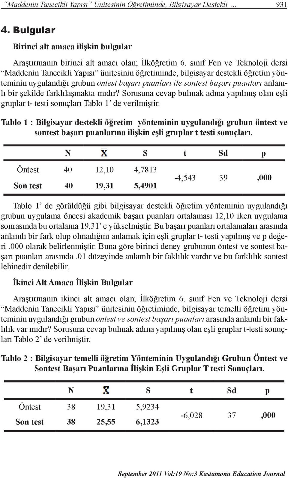 şekilde farklılaşmakta mıdır? Sorusuna cevap bulmak adına yapılmış olan eşli gruplar t- testi sonuçları Tablo 1 de verilmiştir.