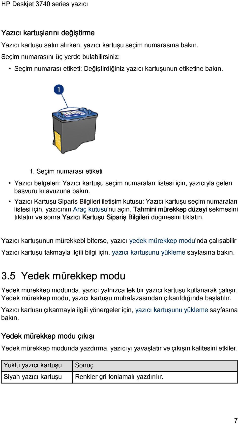 Seçim numarası etiketi Yazıcı belgeleri: Yazıcı kartuşu seçim numaraları listesi için, yazıcıyla gelen başvuru kılavuzuna bakın.