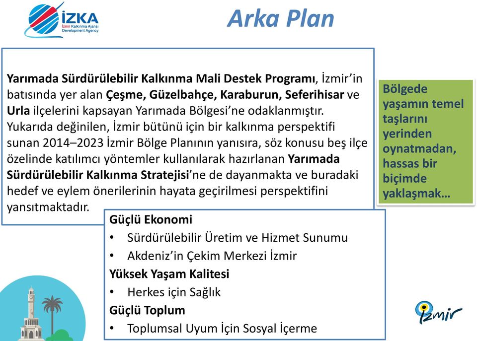 Yukarıda değinilen, İzmir bütünü için bir kalkınma perspektifi sunan 2014 2023 İzmir Bölge Planının yanısıra, söz konusu beş ilçe özelinde katılımcı yöntemler kullanılarak hazırlanan Yarımada
