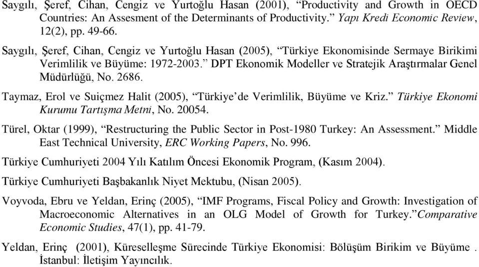 2686. Taymaz, Erol ve Suiçmez Halit (2005), Türkiye de Verimlilik, Büyüme ve Kriz. Türkiye Ekonomi Kurumu Tartışma Metni, No. 20054.