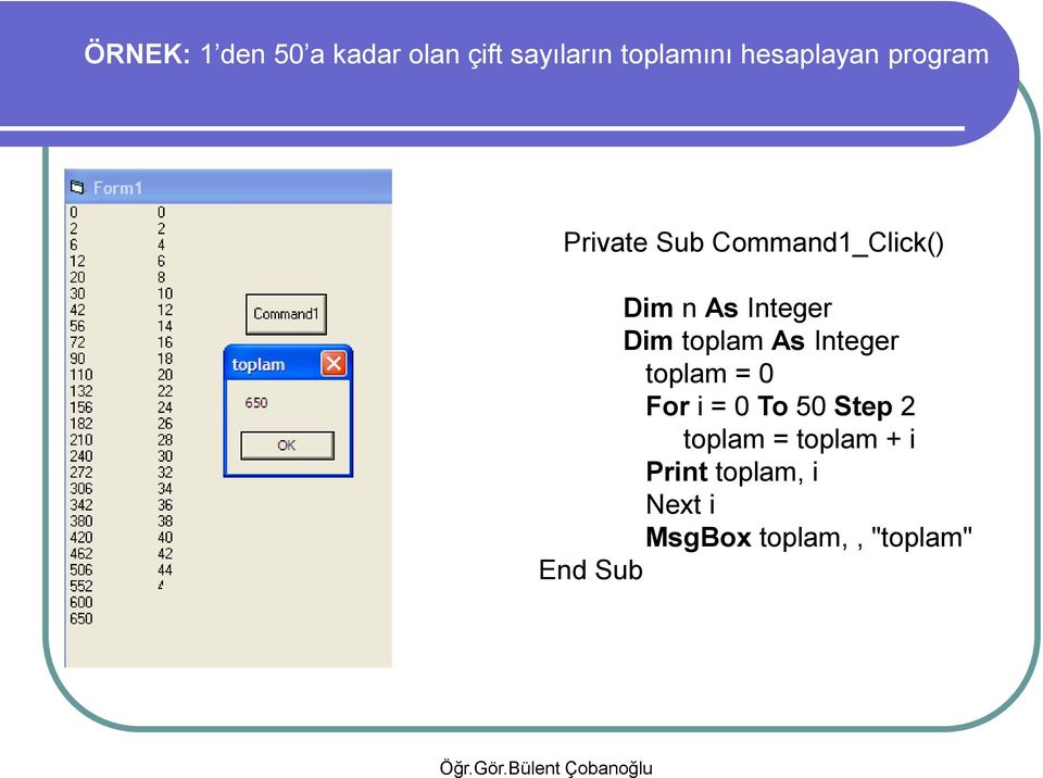 Integer Dim toplam As Integer toplam = 0 For i = 0 To 50 Step