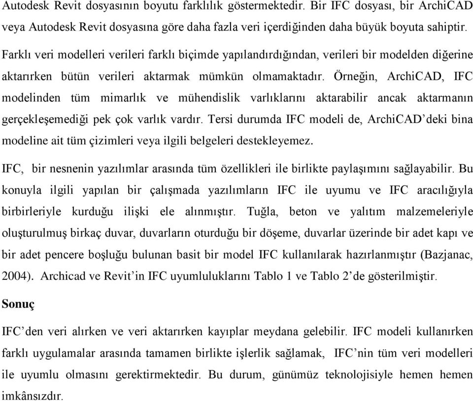 Örneğin, ArchiCAD, IFC modelinden tüm mimarlık ve mühendislik varlıklarını aktarabilir ancak aktarmanın gerçekleşemediği pek çok varlık vardır.