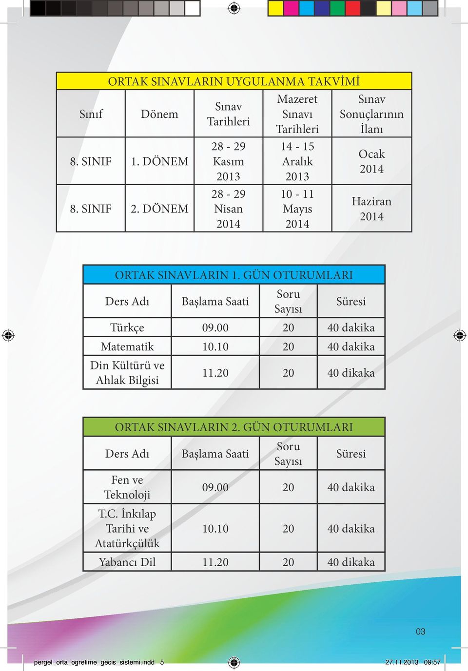 GÜN OTURUMLARI Ders Adı Başlama Saati Soru Sayısı Süresi Türkçe 09.00 20 40 dakika Matematik 10.10 20 40 dakika Din Kültürü ve Ahlak Bilgisi 11.