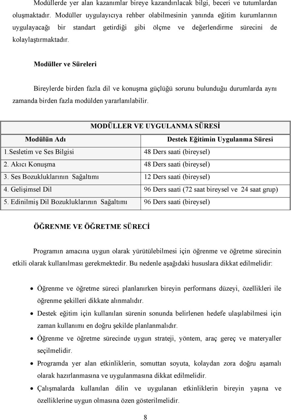 Modüller ve Süreleri Bireylerde birden fazla dil ve konuşma güçlüğü sorunu bulunduğu durumlarda aynı zamanda birden fazla modülden yararlanılabilir.