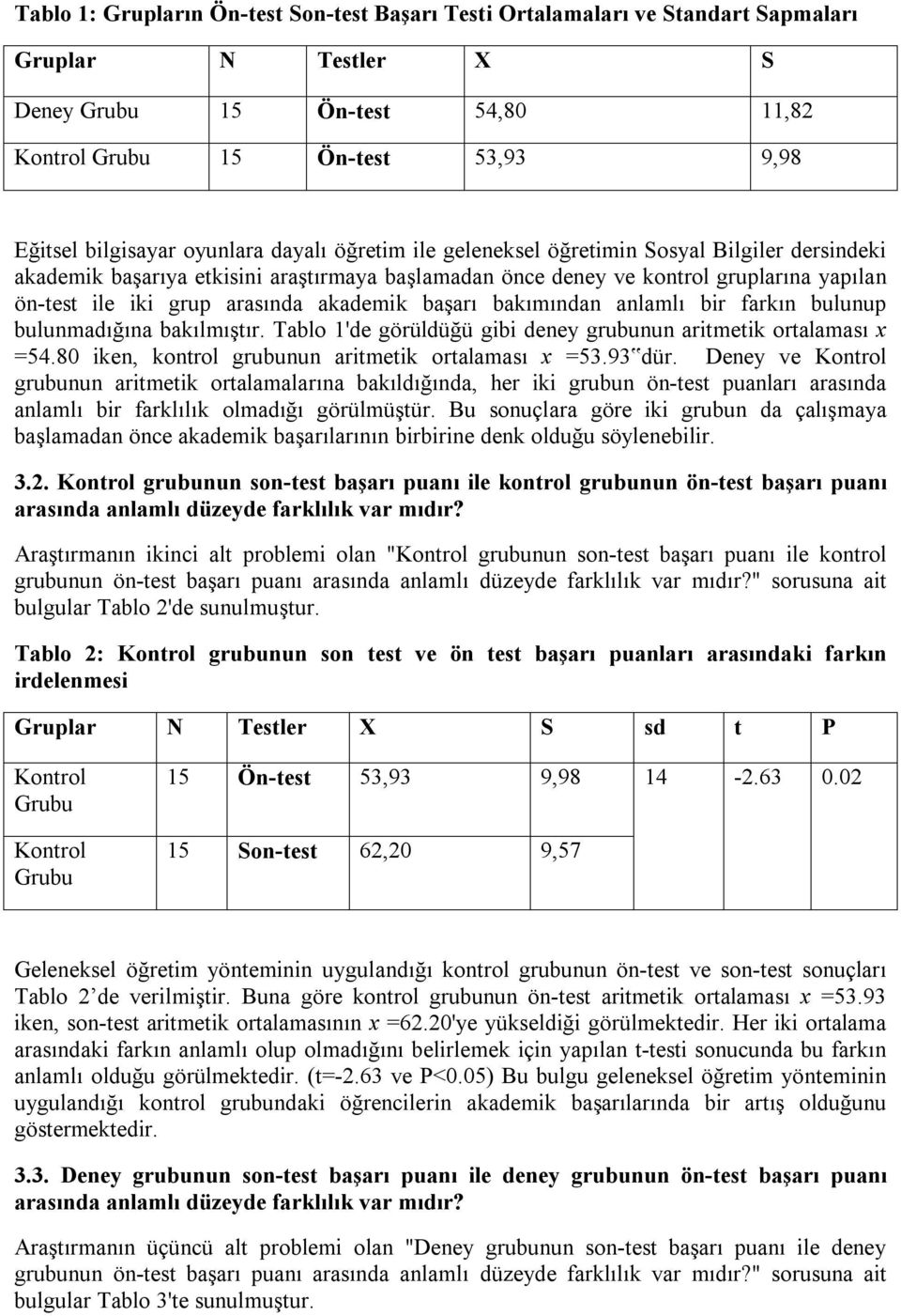 akademik başarı bakımından anlamlı bir farkın bulunup bulunmadığına bakılmıştır. Tablo 1'de görüldüğü gibi deney grubunun aritmetik ortalaması x =54.