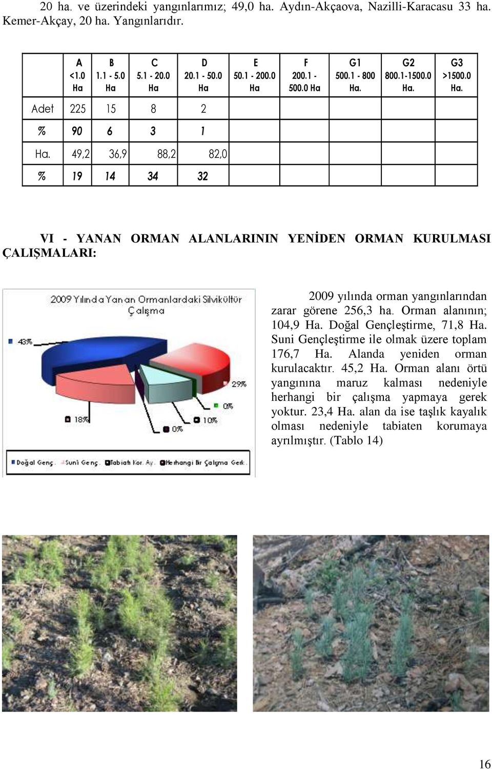 49,2 36,9 88,2 82,0 % 19 14 34 32 VI - ORMAN LARININ YENİDEN ORMAN KURULMASI ÇALIŞMALARI: 2009 yılında orman yangınlarından zarar görene 256,3 ha. Orman alanının; 104,9 Ha.