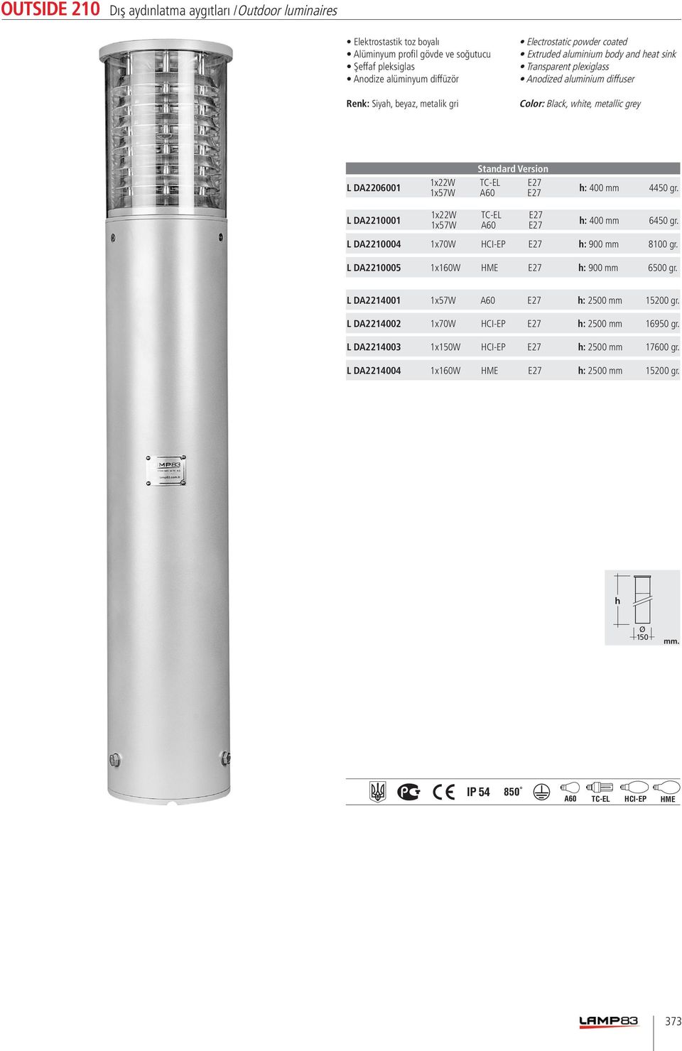 L DA2210001 : 400 mm 6450 gr. L DA2210004 1x70W HCI-EP E27 : 900 mm 8100 gr. L DA2210005 1x160W HME E27 : 900 mm 6500 gr.