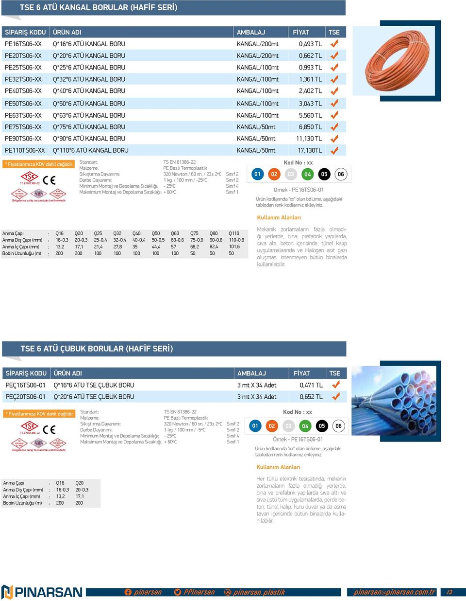 KANGAL/mt 5,560 TL PE75TS06-XX Q*75*6 ATÜ KANGAL BORU KANGAL/mt 6,8 TL PE90TS06-XX Q*90*6 ATÜ KANGAL BORU KANGAL/mt 11,130 TL PE110TS06-XX Q*110*6 ATÜ KANGAL BORU KANGAL/mt 17,130TL Standart Malzeme