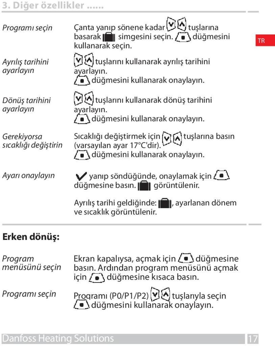 TR Dönüş tarihini ayarlayın Gerekiyorsa sıcaklığı değiştirin tuşlarını kullanarak dönüş tarihini ayarlayın. düğmesini kullanarak onaylayın.