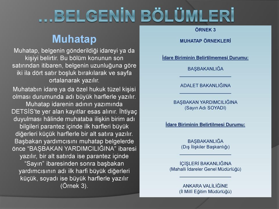 Muhatabın idare ya da özel hukuk tüzel kişisi olması durumunda adı büyük harflerle yazılır. Muhatap idarenin adının yazımında DETSİS te yer alan kayıtlar esas alınır.