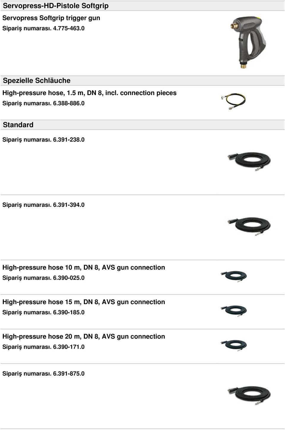 0 High-pressure hose 10 m, DN 8, AVS gun connection Sipariş numarası. 6.390-025.