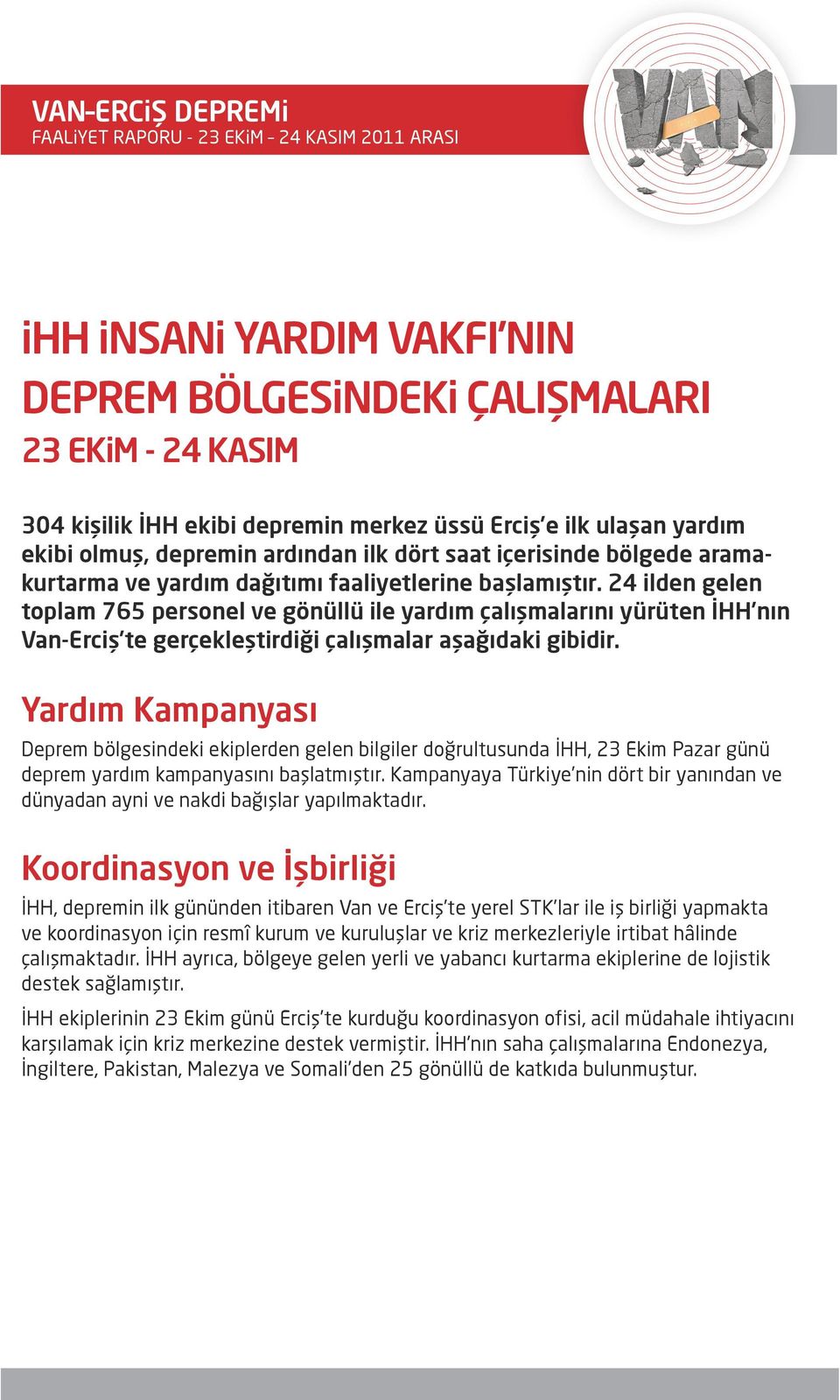 24 ilden gelen toplam 765 personel ve gönüllü ile yardım çalışmalarını yürüten İHH nın Van-Erciş te gerçekleştirdiği çalışmalar aşağıdaki gibidir.